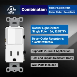 BESTTEN 6 Pack Combination Wall Light Switch and Decor Outlet, Single Pole Rocker Switch, 15A/120V, Decorative Receptacle, 15A/125V, Combo Style, Wallplate Included, Side Wire, UL Listed, White