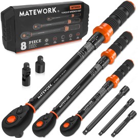 Upgraded Torque Wrench Set 8PCS, 1/4 3/8 1/2 inch Drive Click Torque Wrench, 10-230in.lb, 5-50ft.lb, 10-180ft.lb, 72-Tooth Dual Scale, ±3% Accuracy, 5 Adapters, for Bike, Moto, Car Repair and Maint