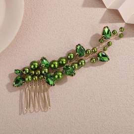Teyglen Green Crystal Rhinestone Pearl Hair Comb Bride Wedding Hair Piece Bridal Crystal Hair Side Comb Hair Accessories for Women Pearl Headpiece(Green)