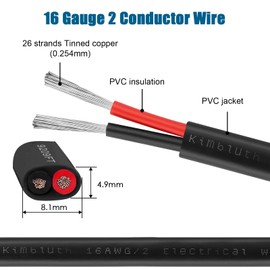 Kimbluth 16 Gauge Wire 2 Conductor Electrical Wire, 16 AWG Wire Stranded PVC Cord Low Voltage Tinned Copper Wire for Marine, Automotive, LED Cord, Landscape Lighting (16 Gauge 100ft)