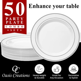 Silver Rimmed White Plate Set By Oasis Creations - Premium Hard Plastic – 50 x 6” -Washable & Reusable - Party Supplies For Birthdays, Celebrations, Buffets, Fiestas, Catering & More