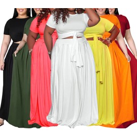 Ophestin Womens Plus Size 2 Piece Dress Outfits Solid Color Crop Top Maxi Skirts Set Orange 5XL