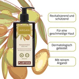 PLANTANA® Organic Argan Body Milk 250 ml | Pure Argan Oil | Antioxidant | Moisturising | Free from Parabens, Silicones, SLES, Artificial Colours and Mineral Oils