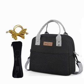 Lunch Bag Insulated Lunch Bag Reusable Tote Bag Lunch Box for Kids Adult with 1 Cutlery Storage Bag,Thermal Cooler Bag Ideal for Work School Office Travel Etc(Black)