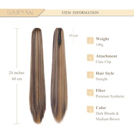 Gairyan 60 cm Ponytail Hairpiece Braid Extensions Long Straight Clip Claw Clip-In Ponytail Extensions Synthetic Hair Extensions Straight Hairpiece Hair Extension (Dark Blonde & Medium Brown)