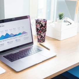 PRAGDUCT 30oz Flower Tumbler, Stainless Steel Travel Mugs Insulated For Hot And Cold Beverages Skull Water Cups Mother's Day Gifts for West Women Adult (Black skulls)