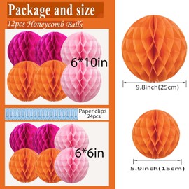 prxififeq Hot Pink Orange and Pink Paper Honeycomb Balls,6 and 10 inch Hanging Tissue Pompoms,12 Pack Party Decorations