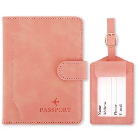 GADITIEK Passport Cover and Suitcase Tag Set, Faux Leather Passport Case, Passport Cover with RFID Blocker, Passport Case Holder, Passport Case Organiser Wallet, Travel Must Haves Gadgets, pink
