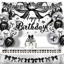 MAJCL Elegant Black Bow Party Decorations Set - Black & White Bow Happy Birthday Banner, Balloons, Backdrop Kit for Girls, Women's Birthday Party Supplies, Theme Decor