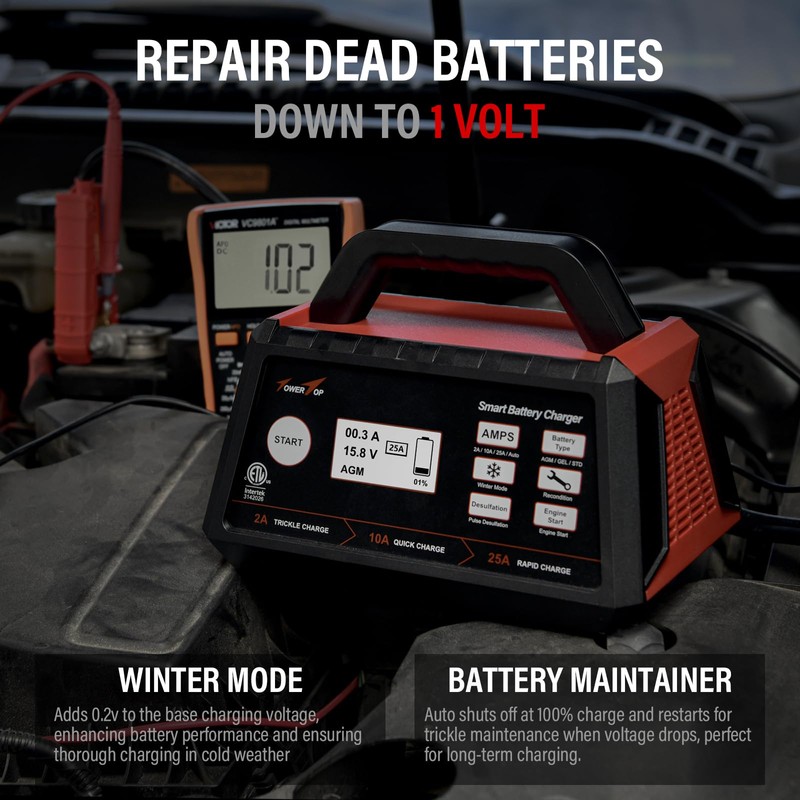 TowerTop 2/10/25 Amp 12V Smart Car Battery Charger, Fully Automatic