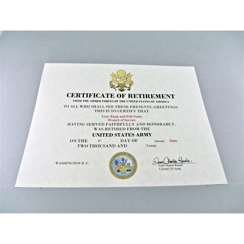United States Army Retirement replacement certificate