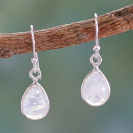 NOVICA Artisan Handmade Rainbow Moonstone Dangle Earrings Artisan Crafted Sterling Silver Clear India [1 in L x 0.3 in W x 0.2 in D] ' Hypnotic Minimalism'