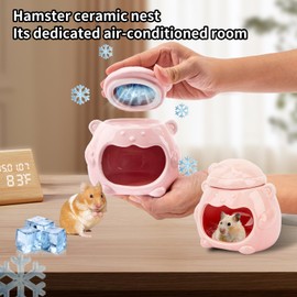 Bear-Shaped Ceramic Hamster Hideout - Cooling House for Syrian Dwarf Hamster, Mice, Gerbils & Small Pets, Breathable Ceramic Habitat with Removable Lid for Ice Packs, Cute Summer Cool Hideaway（Pink）