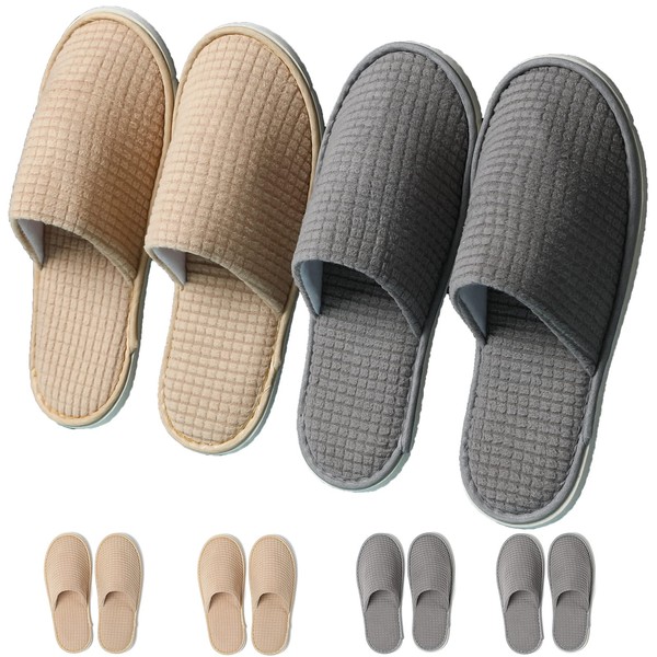 COZYAREA SPA, 6 Pairs Disposable Slippers for Guests, Soft Polar Fleece, Washable Reusable, Unisex for Wedding Party Bedroom Hotel And House Travel (3 Pairs Each Grey + Beige)