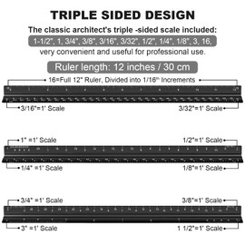 Architectural Scale Ruler Set, 2 Pack 12 Inch Aluminum Architect Ruler with Standard Metal Ruler, Imperial Architect Triangular Ruler with Etching for Architects, Engineers, Students and Draftsman