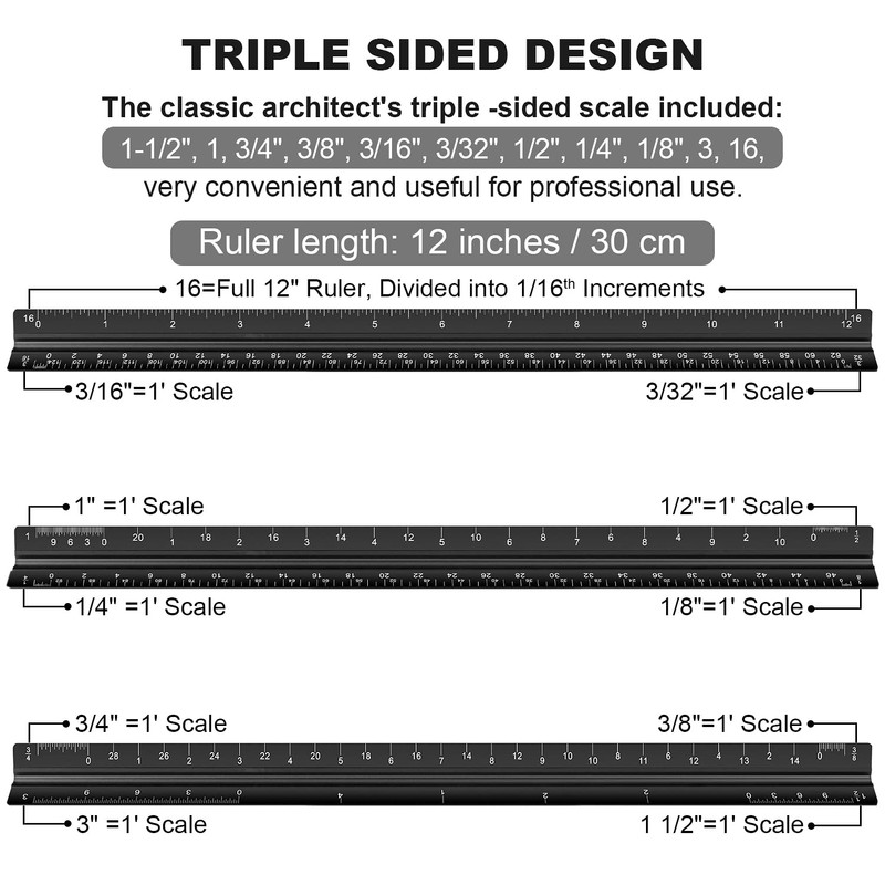 Architectural Scale Ruler Set, 2 Pack 12 Inch Aluminum Architect