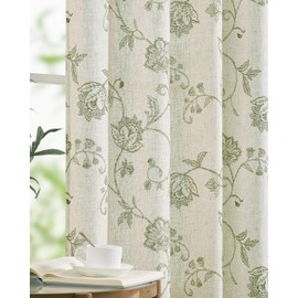 jinchan Linen Curtains Floral Curtains 63 Inch Length for Living Room Bedroom Light Filtering Rod Pocket Back Tab Jacobean Curtains Flax Linen Texture Window Drapes Set 2 Panels Green on Linen