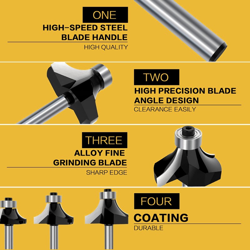 ROOCBIT 1/4 Inch Shank Roundover Edging Router Bit Set Woodworking