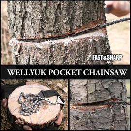 WELLYUK Survival Pocket Chain Saw 24 Inch with Teeth Blades Heavy Duty Steel Rope Chainsaw, 11 Teeth Compact Wood Cutting Hand Saw Tools for Outdoor Camping Hiking Hunting Tree Trimming Firestarter