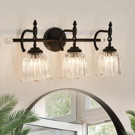 CVKASH 3-Light Bathroom Vanity Light Fixtures Over Mirror,Black Modern Vanity Light with Glass Shade Vintage Wall Sconce for Bedroom Dressing Room Living Room Hallway Cabinet