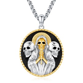 La Santa Muerte Necklace for Men Women Sterling Silver 925 Gold 10K 14K 24K 18K Santa Muerte Jewelry Grim Reaper Pendant