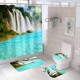 DDS-DUDES 4Pcs Waterfall Forest Waterproof Shower Curtain Sets, Waterfall Waterproof Shower Curtain Sets for Bathroom with Non Slip Rugs, Toilet Cover and Bath Mat, 12 Plastic Hooks (Waterfall Lake)