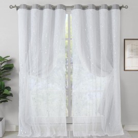 BGment Room Darkening Curtains with Sheer Overlay, Thermal Insulated Double Layer Curtains for Living Room, Grommet Silver Printed Window Curtain for Bedroom, 2 Panels Each 52 x 84 Inch, Light Grey