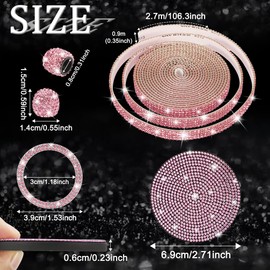 TOMALL 4 Sets Bling Crystal Car Cup Holder Coaster Glitter Engine Start Stop Button Cover Shiny Tire Valve Caps Universal Diamond Trim Strips Interior Exterior Accessories Set for Vehicle (Pink)