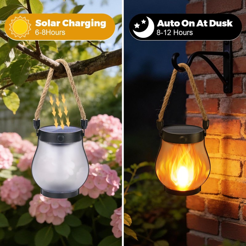 Idealife Solar Outdoor Lanterns with Realistic Flickering Flame,2 Pack