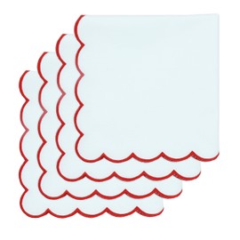 PurpleEssences Scalloped Embroidery Cloth Napkins Table Decor Christmas 100% Cotton Set of 4-18 x 18 inch - White - Edges - Red