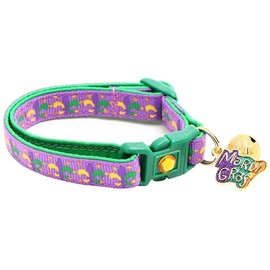 Mardi Gras Collar para gato con campana, seguridad Breakaway| tamaño grande ajustable o collar de gatito (flor de LYS en púrpura, L (10 libras en adelante))