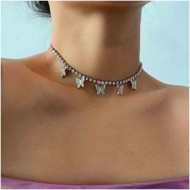 Cimenexe Bohemian Butterfly Dangle Necklace Crystal Butterfly Pendant Necklace Chain Silver Rhinestone Chain Choker Necklace Vintage Tennis Collarbone Necklace Chain Jewelry for Women and Girls