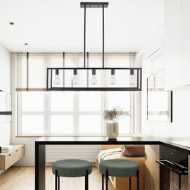 HQZBPT Kitchen Light Fixtures Dining Room Light Farmhouse Rectangle Chandeliers for Dining Rooms, Light Fixture Matte Black 5-Light Industrial Pendant Lighting