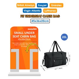 for Ryanair Cabin Bags 40X20X25 Underseat Small Foldable Travel Duffel Hospital Weekend Bag for Women Ryan Air Carry on Luggage Holdall Tote for Men 20L (Black)