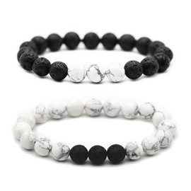 HEDQFM 2pcs 10mm Howlite bracelet Lava Bead Bracelets Natural Volcanic Rock Aromatherapy Essential oil Diffuser Bracelet White Turquoise Yoga Bangle Couples Men Women Gift