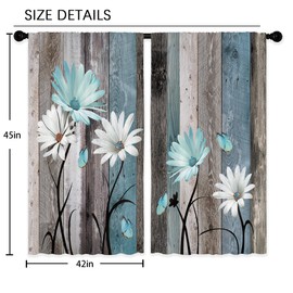 Laifzere Teal Farmhouse Daisy Curtains, Wooden Flower Window Curtains 42x45 Inch for Bedroom Living Room Decor, Rustic Floral Butterfly Country Drapes Treatment Draperies Fabric Rod Pocket (2 Panels