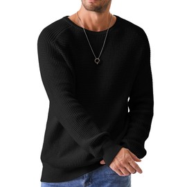 JMIERR Mens Crewneck Pullover Sweater Waffle Textured Knitted Sweaters Loose Fit Casual Sweaters with Ribbing Edge,US 43(L),Black