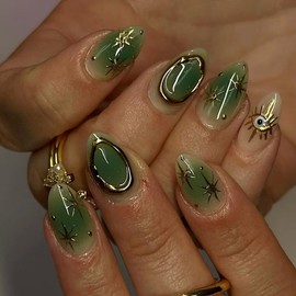 30 Pcs Spring Press on Nails Short Almond,YIHONGYAN 3D Gilded Stars Fake Nails Press ons Green Gradient French Nail Tip Acrylic Kit Glue on Nails Full Cover False Nails Glossy Stick on Nails for Woman