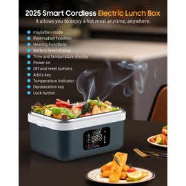 QUALIDIGI Cordless Electric Lunch Box for Adults, Rechargeable 16000mAh Battery Powered, 60W Self Heating Lunch Box with Smart Reservation and Keep Warm Function for Car/Truck/Office/Travel