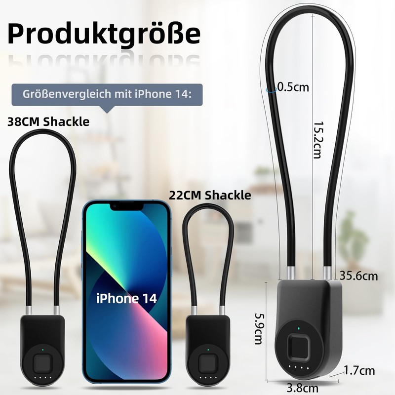 Anweller Fingerprint Cable Lock, Padlock with 38 cm Steel Cable,