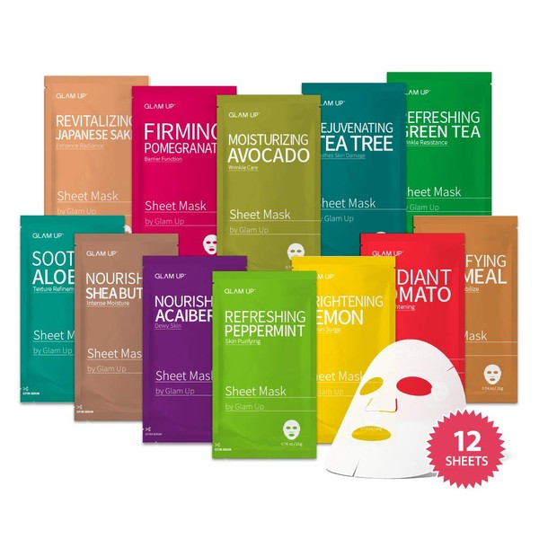 Sheet mask by Glam Up Facial Sheet Mask BTS 12Combo-The Ultimate Supreme Collection for Every Skin Condition Day to Day Skin Concerns. Nature made Freshly packed Original Korean Face Mask 12sheets
