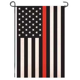Shmbada Thin Red Line Burlap Garden Flag - Black White and Red Stripe American Honoring Firefighter Flag - Premium Double Sided Decorative for Outdoor Yard Lawn, 12.5x18.5 Inch