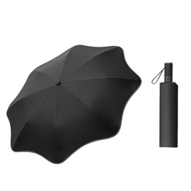 ThreeH Folding Umbrella Lightweight Automatic Open Close Compact Rain and Sun Protection with Fiberglass Frame and Reflective Safety Strip,Black