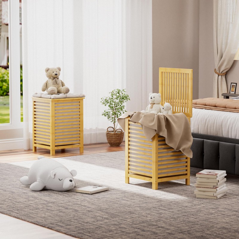 SMIBUY Double Laundry Hamper with Lid, 120L Bamboo Laundry Basket