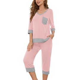 KORSIS Pajamas Set Womens 2 Piece PJS Lounge Sleepwear 3/4 Sleeve V-Neck Top and Waisted Adjustable Capri Pants with Pocket Pink