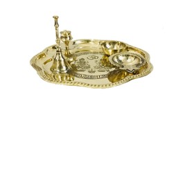 Gavya Brass Pooja thali Set Om Embossed Ganesha Laxmi shubh labh Plate Set 5 pcs (Incense Holder,Bell, Dhibla Diya, Vati) for Diwali Occasional Puja Thali Wedding Gift Heart Red Velvet Box - 8.5 inch