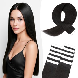 Tape Extensions Real Hair 10 Pieces 50 cm Natural Black Remy Invisible Hair Tape-In Hair Extensions Natural 15 g 20 Inches #1B Straight Real Hair Skin Weft Tape