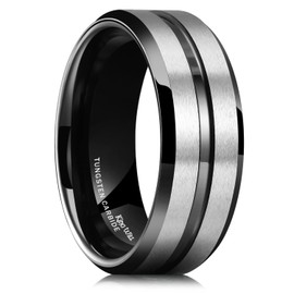 King Will Tungsten Carbide Wedding Ring for Men - 8mm Black Silver Matte Finish Grooved Center Comfort Fit Mens Wedding Band for Everyday Wear 11