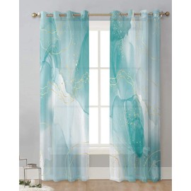 Marble Agate Sheer Curtains 84 Inches Long 2 Panel Set, Marbling Gold Gradient Aqua Turquoise Light-Filtering Semi Sheer Drapes Window Curtains for Living Room/Bedroom 42x84x2