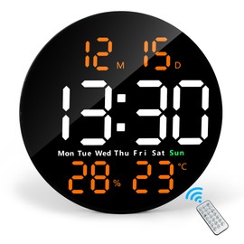 Lafocuse 10" LED Large Digital Wall Clock Round with Remote Control, Date, Temperature, Countdown, DST and Dual Alarm, Silent Modern Clocks Decor for Living Room, Bedroom, Office, Gym (Orange)